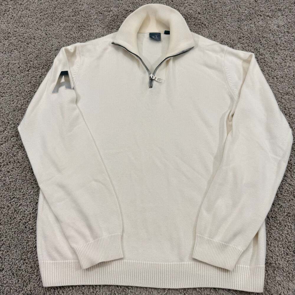 Vintage Armani Exchange A|X Quarter Zip Knit Sweater Cream Mens M Made Hong Kong